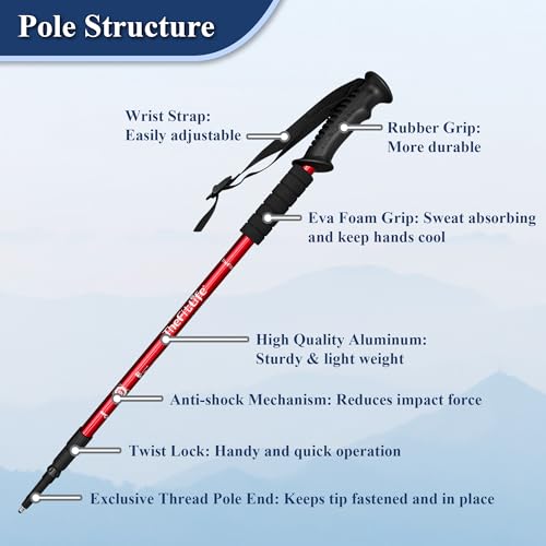 Telescopic Trekking Poles for Hiking, Anti-Shock Nordic Walking Sticks - color: Red