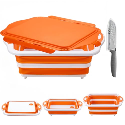 Collapsible BBQ Prep Tub with Lid, Foldable Camping Sink with Colander, Cutting Board, Dish Basin for Kitchen, Bowl, Vegetable and Fruit, Storage Basket for Picnic-Orange - color: Orange