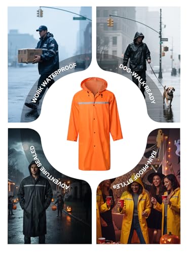 Mens Long Hooded Safety Rain Jacket Waterproof Emergency Raincoat Poncho - color: Orange, size: Medium
