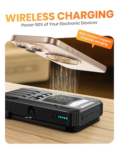 Solar Power Bank 48000mAh Built in 4 Cables, Wireless Portable Charger | Solar Charger with 4 Solar Panels, Wireless Charging, Built in 4 Cables, PD QC 3.0 Fast Charging, Flashlight for Camping - color: Black