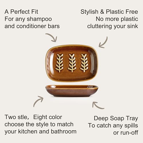 Miamolo Soap Dish for Shower, Bar Soap Holder with Raised Ridges, Non-Stick | Ceramic Soap Saver, Ideal for Counter & Countertop | Versatile Tray for Sponges, Jewelry & Brush | Easy Cleaning, Dark Brown - color: Dark Brown, size: Leaf Design