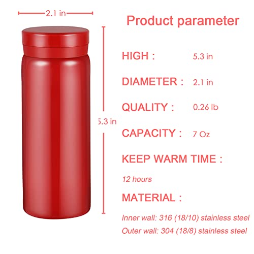 Mini Water Bottle Cute Water Bottle - 7 oz Tiny Insulated Vacuum 18/10 Stainless Steel Small Flask - Leak Proof & Spill Proof & Keeps Cold and Hot for Drink, Coffee, Tea - Red - color: Red, size: 6.8 Ounces