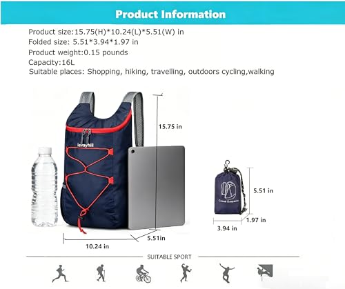 levayhill 16L Foldable Hiking Backpack,Small Packable Daypack,Navy Blue | Lightweight ,Outdoor Collapsible Rucksack,Ultralight Folding Back Pack, Water Repellent, Men Women Travel Gym, Easy Carry-on - color: Navy Blue