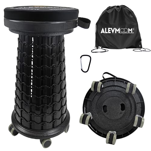 ALEVMOOM Upgrade XXL Collapsilbe Stool with Wheels & Cushion, H 20.1“, D 13” Heavy Duty Load Capacity 1000lbs, Portable Retractable Telescoping Folding Rolling Stool for Home, Office, Garage - color: Black Wheels