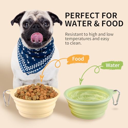 Collapsible Dog Bowls 2-Pack, Portable Travel Dog Bowl with Carabiner, Food-Grade Silicone Pet Bowl for Hiking, Walking(Macaron Yellow and Green) - color: 12 OZ Macaron Yellow and Green