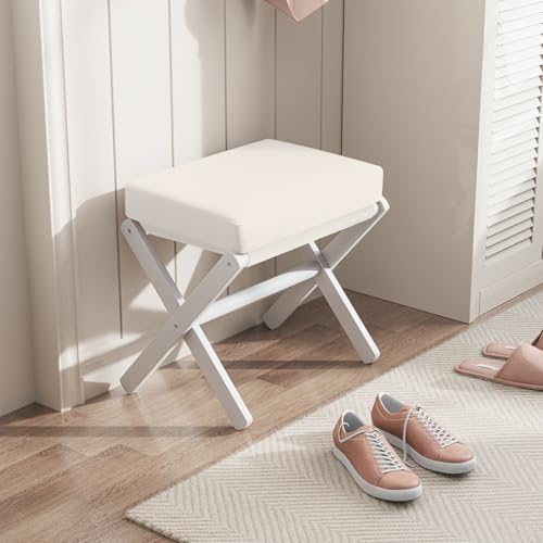 BAMBOOHOMIE Foldable Foot Stool Ottoman, Modern Foot Rest with Bamboo X Legs & Thick Foam Cushion, Folding Foot Stools Small Padded for Bedroom Living Room, Footstool for Chair Couch (White - White) - color: White - White