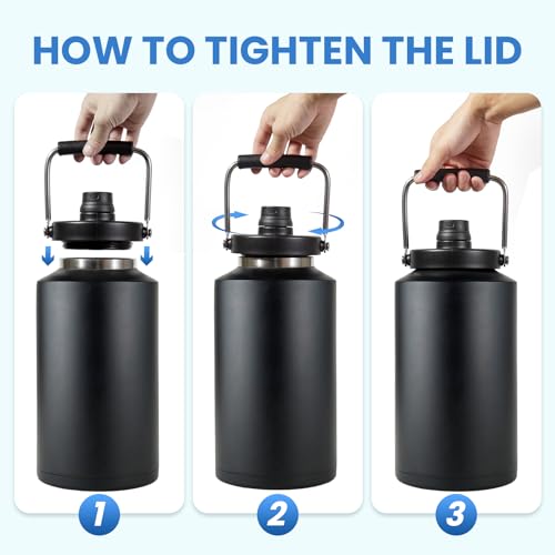 1 Gallon Water Bottle Insulated Stainless Steel Keeps Ice 48Hr, Large Water Gallon Jug Wide Mouth Leakproof Vacuum for Gym, Camping, & Construction Stainless Steels + Black - color: Stainless Steels + Black (2 Packs)