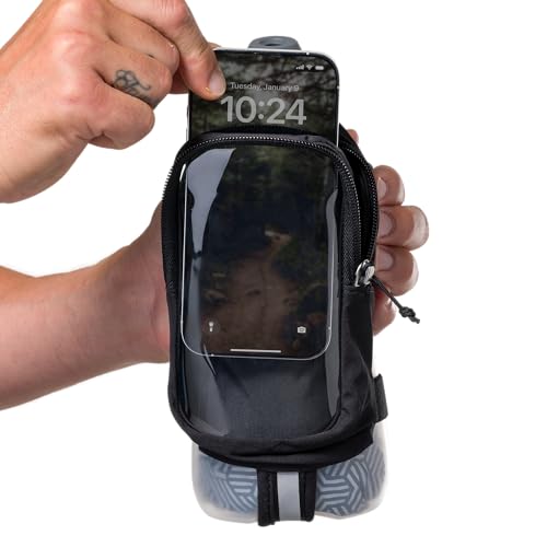 Nathan SpeedDraw 2 Insulated Handheld Running Water Bottle Flask 18oz – Double-Wall Insulation, Ergonomic Grip, Blast Valve Cap, Phone & Key Storage Pockets, Reflective Design - color: 18oz Clearview - Black