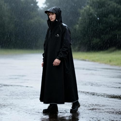 Waterproof Rain Poncho, Reusable Hooded Long Raincoat - color: Black, size: X-Large