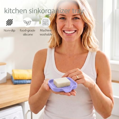 MicoYang Silicone Soap Dish with Drain Spout, Self-Draining Sink Organizer Tray for Bathroom & Kitchen, Sponges, Dispensers & Soap Holder, Non-Slip & Dishwasher Safe, Light Purple (Compact, 4.9"×3.2") - color: Light Purple, size: S(4.9"×3.2")