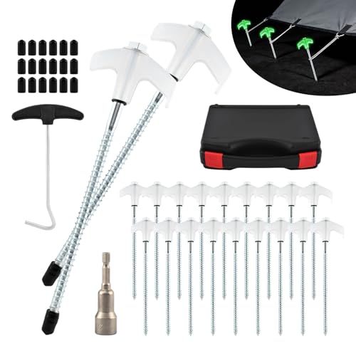 20Pack Screw in Tent Stakes 8” Metal Pegs for Ground, Drill in Camping Stake with Hex Head Driver, Spikes Puller, Protector in Carrying Bag & Box,for Xmars,Hiking,Glow in The Dark