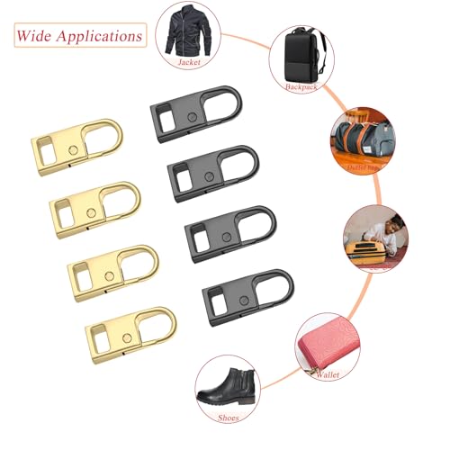 Urmspst Zipper Pull Replacement (Upgraded), 8 Pcs Detachable Zipper Pull Tabs for Boots Purse Luggage Clothing Jackets Backpacks Coat(2 Color Gold, Brilliant Black) - style: D 8PCS Gold/Bright black