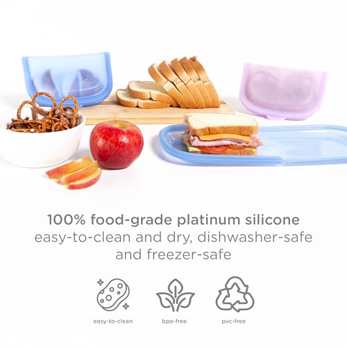 Ubbi Platemate Reusable Silicone Storage Bag, Smoothie Purple | Opens Flat as Placemat, Dishwasher & Freezer-Safe, Lunch Container, Leakproof Sandwich & Snack Bag, Easy to Clean, BPA-Free - color: Smoothie Sandwich & Snack Bag Bundle