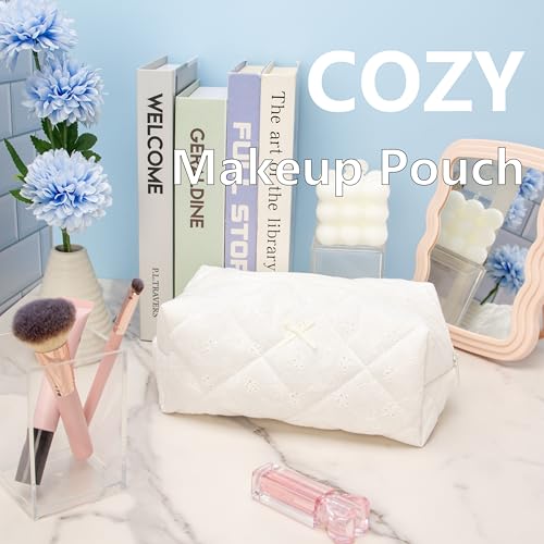 Cozy Makeup Bag for Women,Zipper Cosmetic Pouch,Embroidery White,2 Pack - color: Embroidery White