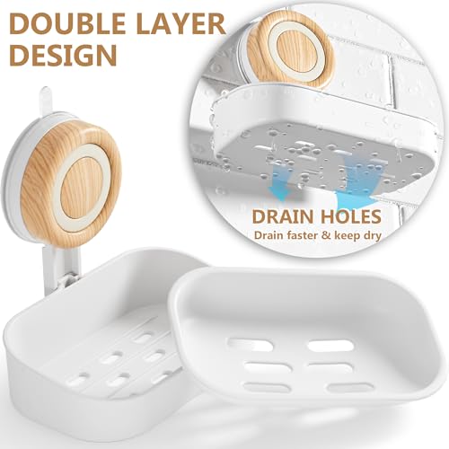 Double Layer Soap Dish for Shower 2 Pack, Wall Mounted Bar Soap Holder Suction Cup 2 Layer Self Draining Soap Case Sponge Holder for Shower Bathroom, Tub and Kitchen Sink, White - color: White
