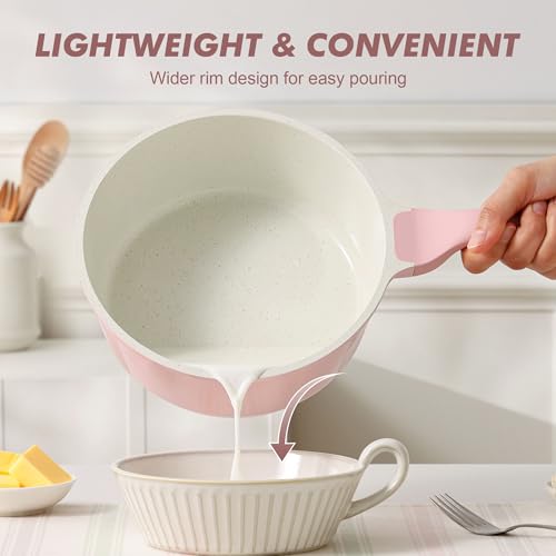 SENSARTE Ceramic Nonstick Saucepan with Lid 1.5 QT, PTFE/PFAS Free, Pink | Small Kitchen Cooking Pot with Stay Cool Handle, Induction Compatible, Ceramic Coating - color: Sakura Pink, size: 1.5 Quarts