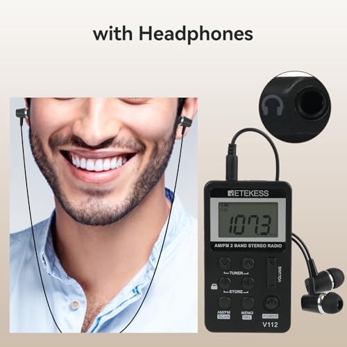 Retekess V112 AM FM Pocket Radio, Digital Radio with Earphone(Black) | for Walking, Jogging, Training,Rechargeable Battery, LCD Display - color: Black