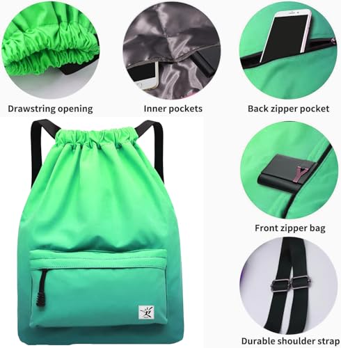 Waterproof Drawstring Bag, Gym Bag Sackpack Sports Beach Backpack for Men Women - color: 11-gradual Green