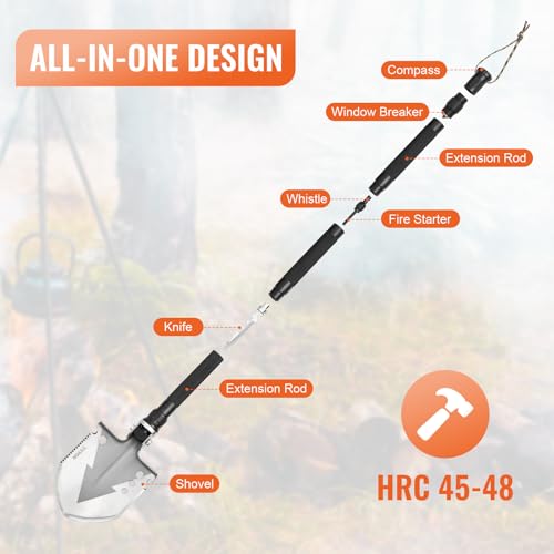 VEVOR Survival Shovel, 11 in 1 Camping Shovel Folding Multitool Kit, Portable and Compact, Stainless Steel, Multifunction for Off-Roading, Camping, Hiking, Outdoor, Survivalist and Emergency - size: 11 in 1