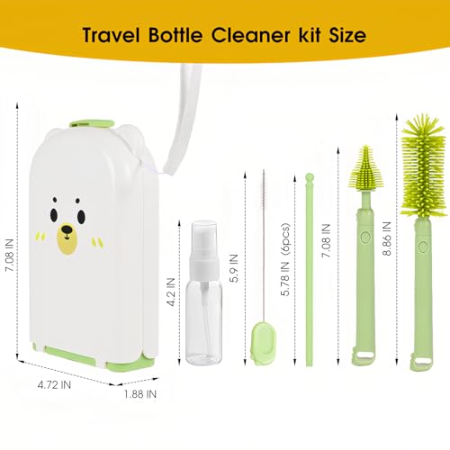 Travel Bottle Washing Kit with Storage Case, 7-in-1 Baby Travel Bottle Cleaner Kit for Travel and Home, All-in-One Baby Bottle Brush Set with Drying Rack for Bottles and Breast Pump Parts (Green) - color: Green