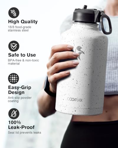 Half Gallon Water Bottle Insulated with Straw&3 Lids, Coolflask 64 oz Water Jug Galaxy Large Metal Stainless Steel flask for Gym, Sports and Office, Keep Cold 48H Hot 24H, Arctic White | 64 oz Large Water Jug Stainless Steel Triple-Wall, Cold 48+h/Hot 24+