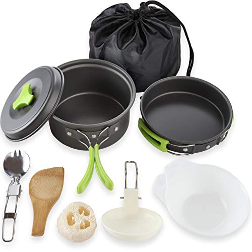 MalloMe Camping Cookware Mess Kit for Backpacking Gear – Camping Cooking Set - Camping Pots and Pans Set - Backpacking Stove/Portable Stove Compatible - Camp Kitchen Equipment Accessories Pot - color: 10Pcs-3L-Green