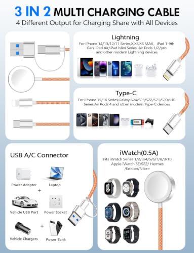 1Pack Travel Essentials for Apple Watch Charger,3-in-2 Multi Charging Cable | Cruise Vacation Camping Essentials for iPhone Charger,Type C/Lightning for iWatch,iPhone 17-12,Xbox Series X&S-4FT Orange - color: Orange, size: 1Pack-4FT