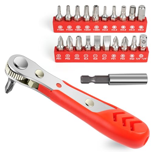 OSDUE Mini Ratchet Wrench Screwdriver Bit Set, 22 PCS Ratchet Screwdriver Set 1/4 Ultra Low Profile Micro Socket Set, High Torque Offset Reversible Screwdriver,w/Phillips, Hex for Tight Spaces - color: 22pcs Mini Ratchet Wrench Screwdriver Bit Set