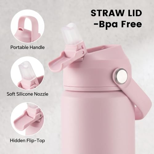 Fijinhom 18oz Insulated Stainless Steel Water Bottle, Wide Mouth Double Wall Vacuum, Silicone Straw, Sweat & Leak Proof, BPA Free Insulated Water Flask for Travel, Keep Cold 24h Hot 12h, Coral Pink - color: Coral, size: 18 Ounces