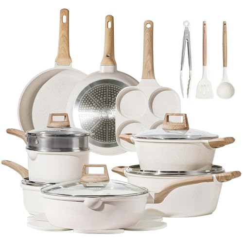 CAROTE 21pcs Pots and Pans Set, Nonstick Cookware Sets, with Egg Pan - color: Cream White, size: 21 Piece