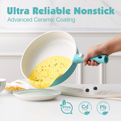 SENSARTE 24 Piece Ceramic Detachable Handle Pots and Pans Set Turquoise | Ceramic Cookware Set, Induction Cookware Set with Removable Handle, Healthy Non Stick for RV, Dishwasher ＆ Oven Safe - color: Turquoise, size: 24 Piece