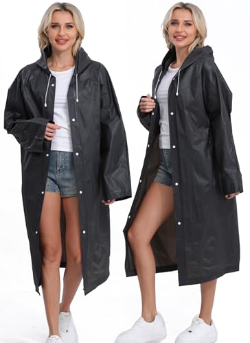 2-Pack Reusable Rain Ponchos for Adults, HOOMBOOM Raincoats Emergency for Women/Men with Drawstring and Sleeves - color: Black