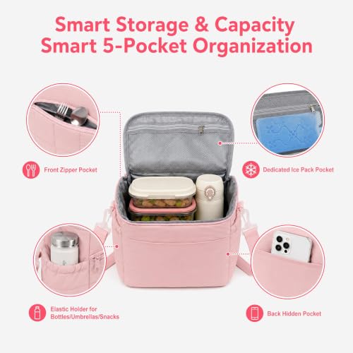 Insulated Lunch Bag for Women, Quilted Leakproof Lunch Tote with Shoulder Strap, Wide Opening Reusable Cooler Bag for Work, Office, Picnic & Travel (Blush Pink) - color: Blush Pink