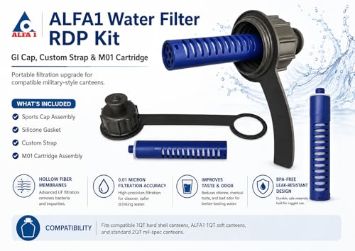 ALFA1 Water Filter C2F Kit with GI Cap, Strap, Cartridge Hollow Fiber Membranes with .01 Micron Filtration Accuracy, BPA-Free Leak-Resistant Cap, Improves Taste & Odor, Camping, Hiking, Emergency Use