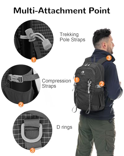 20L Waterproof Hiking Backpack, Lightweight Small Travel Daypack | for Women Men, with Chest Strap, Padded Shoulder Straps, Breathable Backpanel, Multi-Hanging Point, for Travel Hiking Outdoor - color: Black