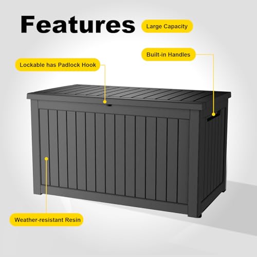 280 Gallon Waterproof Outdoor Storage Box, UV Resistant Resin Deck Box with Hydraulic Rod for Reinforced Stability, Perfect for Patio, Garden, and Pool（Black，280 Gallon） - color: Black, size: 280 Gallon