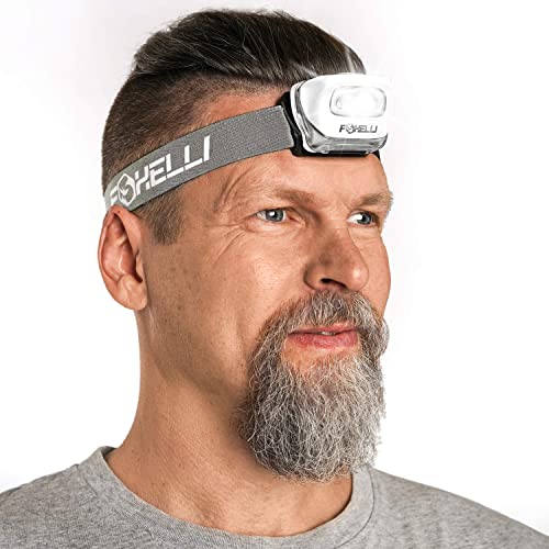 Foxelli LED Headlamp Flashlight for Adults & Kids, Running, Camping, Hiking Head Lamp with White & Red Light, Comfortable Headband, Lightweight & Waterproof, 3 AAA Batteries - color: White