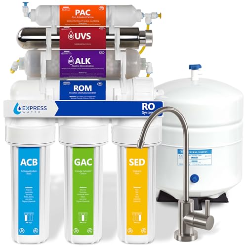 Express Water ROALKUV10MBN, 11-Stage RO Water Filter System, Alkaline & UV | 100 GPD, NSF Certified 372 & 58, Brushed Nickel Faucet, Removes Up to 99.99% Contaminants, Leak Stop Detector - color: Brushed Nickel, style: 11 Stage, Alkaline + UV