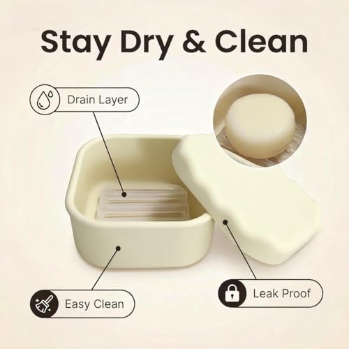 Silicone Travel Soap Case, Leak Proof Soap Dish Holder with Drainage, Shower Container for Kitsch Shampoo Bars & Standard Soaps Traveling Accessories for Gym Camping (White, Square) - color: White