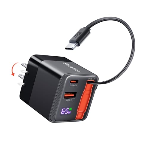 65W Retractable Wall Charger, USB C Charger Block Built-in Type C Cable
