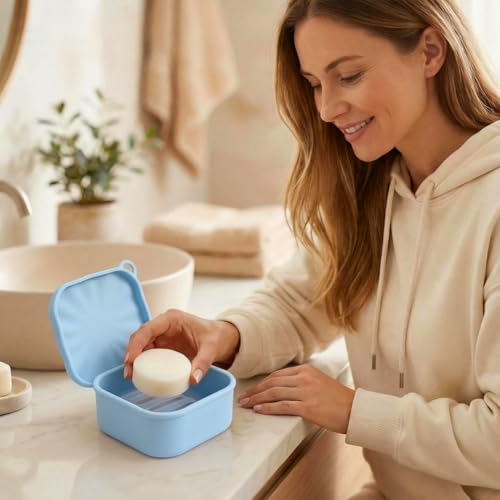 Silicone Travel Soap Case, Leak Proof Soap Dish Holder with Drainage, Shower Container for Kitsch Shampoo Bars & Standard Soaps Traveling Accessories for Gym Camping (Blue, Square) - color: Blue