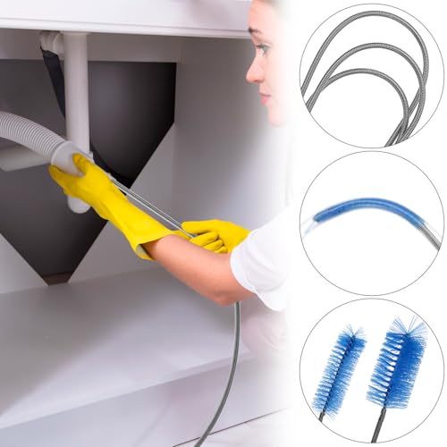 QWORK 12Pcs Tube Pipe Cleaner Kit, 15.75" Long Handle Brush, 5.25 Ft Flexible Dual-Head Cleaner & 10 Multi-Size Nylon Brushes for Narrow Neck Bottles, Curved Glass, Feeders