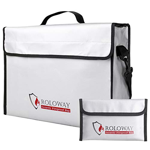 ROLOWAY Fireproof Document & Money Bags, Large Fireproof & Water Resistant Bag (15 x 12 x 5 inches), Fireproof Folder Safe Bag for Cash, Valuables & Passport, with Silicone Coating & Zipper Closure - size: Large + Small, style: Silver Without Reflective S