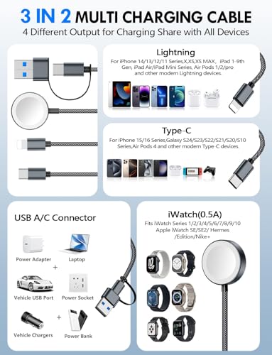 1Pack Travel Essentials for Apple Watch Charger,3-in-2 Multi Charging Cable | Cruise Vacation Camping Essentials for iPhone Charger,Type C/Lightning for iWatch,iPhone 17-12,Xbox Series X&S-6FT Black - color: Black, size: 1Pack-6 FT