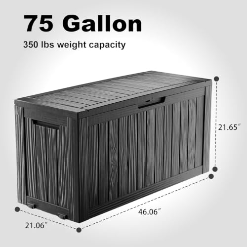 PatioZen 75 Gallon Resin Deck Box, Outdoor Lockable Storage Box with Divider for Patio Cushions Storage Furniture, Pool Supplies, Garden Tools, Weatherproof and UV Resistant Black - color: Black, size: 75 Gallon