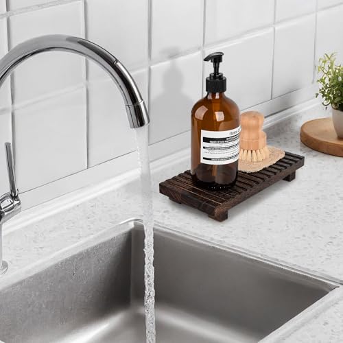 Bathroom Tray Rustic Farmhouse Decor Wood Stand, 10" * 4.5" Dark Brown | Waterproof, Lightweight, Easy Clean, Wood Riser Kitchen soap holder Accessories for Office Desk, Vanity, Counter, Sink - color: Drak Brown, size: 10" x 4.5" x 1.6"
