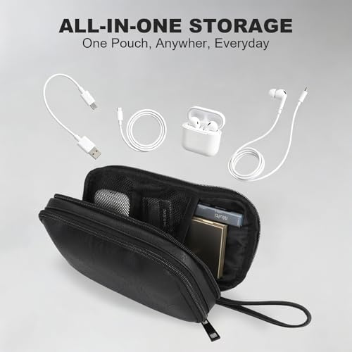 Travel Cable Organizer Bag, Electronic Accessories Leather Pouch, Portable Waterproof Double Layers All-in-One Storage Bag for Cord, Charger, Phone, Earphone (Black, Small)