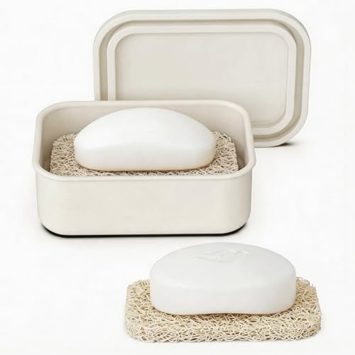Leakproof Silicone Bar Soap Travel Container Case with Soap Saver Pad | Portable Soap Holder Dish for Shower Bathroom Sink Traveling, Shampoo and Conditioner Bar Holder Travel Essentials, Beige - color: Beige