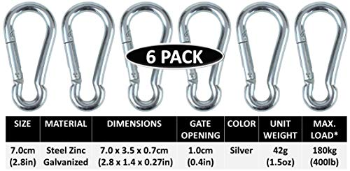Black & Silver Zinc-Galvanized Heavy Duty Bushcraft Carabiner Spring Snap Clip Link Hooks 200-500lb Load 2, 6 & 12 Packs - color: 7cm (2.8in) Silver 6 Pack