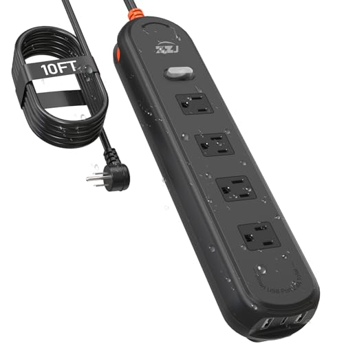 Outdoor Waterproof Power Strip IPX6, 10FT Extension Cord with 4 AC & 3 USB - size: 10FT